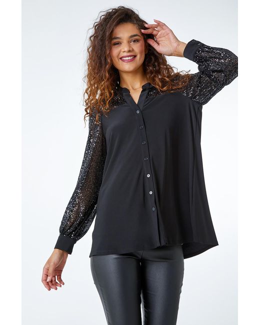 Roman Black Sequin Embellished Detail Blouse