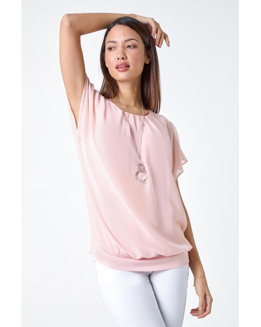 Roman Pink Chiffon Jersey Blouson Top With Necklace