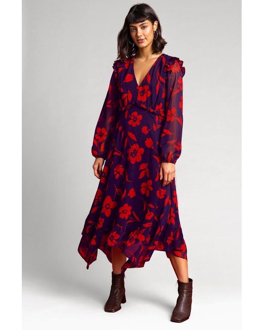 Roman Purple Floral Print Chiffon Midi Dress