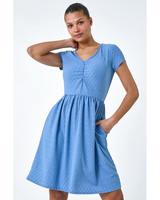 Roman Blue Textured Ruched Stretch Jersey Dress