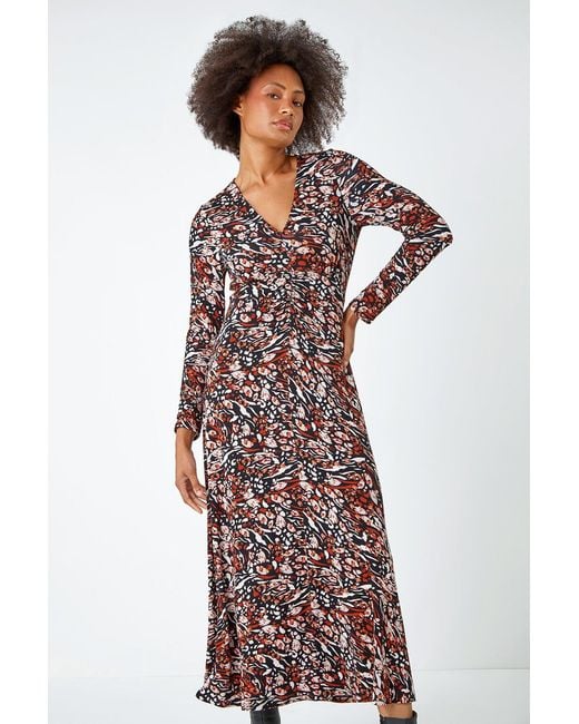 D.u.s.k White Animal Print Ruched Midi Stretch Dress