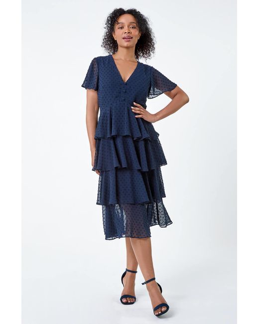 Roman Blue Petite Textured Spot Tiered Midi Dress