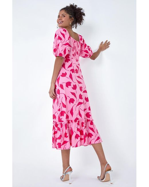 D.u.s.k Red Floral Chiffon Frill Hem Midi Dress