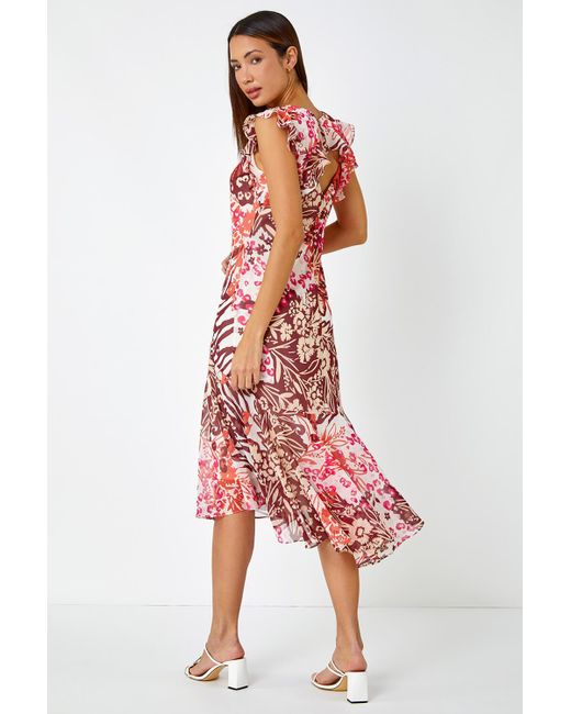 Roman Red Floral Print Chiffon Frill Detail Midi Dress