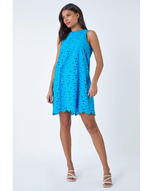 Roman Blue Cotton Embroidery Detail Shift Dress