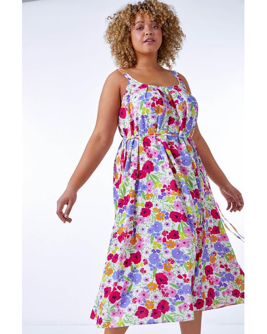 Roman Curve White Floral Belted Midi Dress