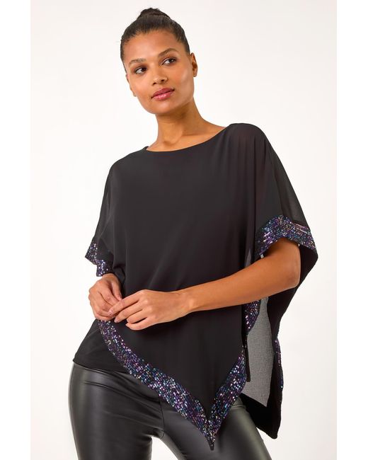 Roman Black Sequin Hem Overlay Stretch Top