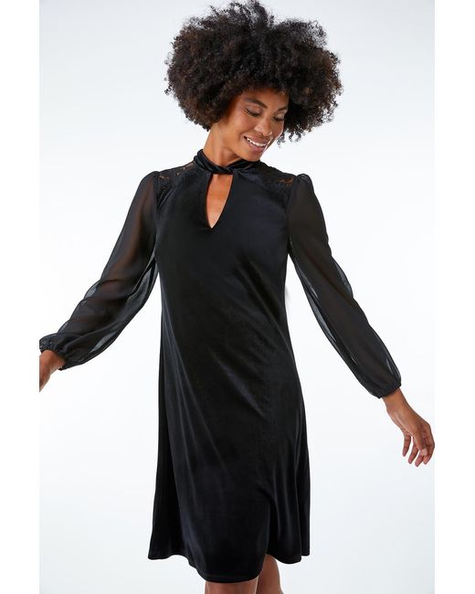 Roman Black Chiffon Shoulder Velvet Lace Trim Swing Dress