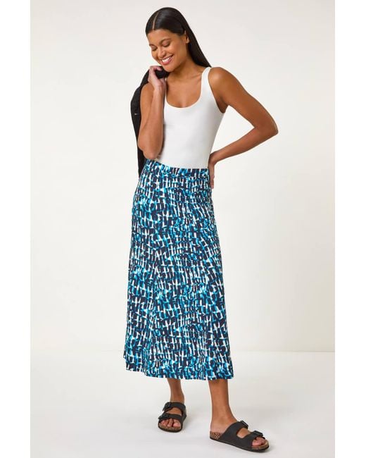 Roman Blue Geo Print A-Line Stretch Skirt