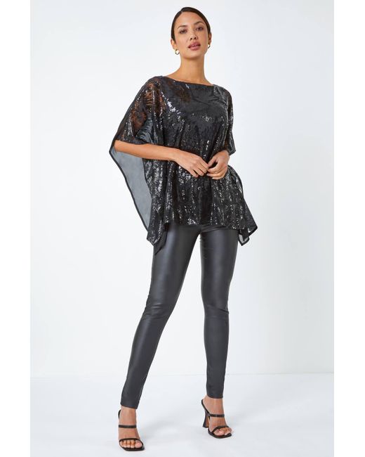 Roman Gray Sequin Overlay Stretch Chiffon Top