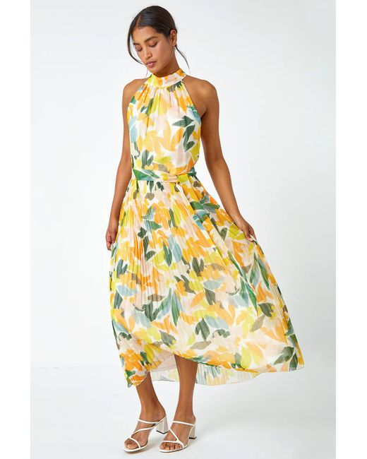 Roman Yellow Floral Halterneck Pleated Chiffon Maxi Dress