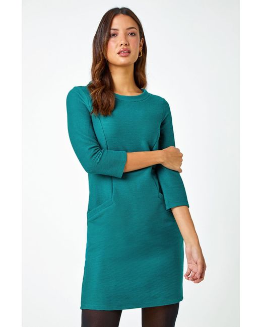 Roman Blue Ribbed Pocket Detail Stretch Shift Dress