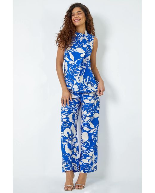 Roman Blue Floral High Neck Wrap Vest Top