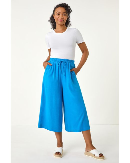 Roman Petite Blue Elasticated Waist Linen Mix Culotte