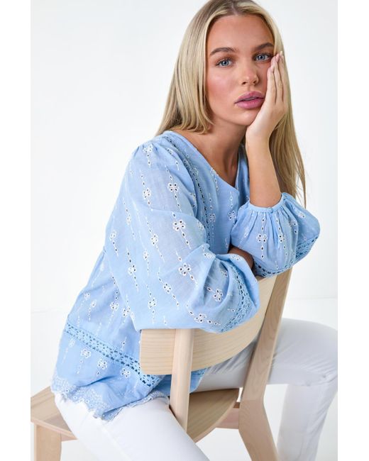 Roman Blue Petite Embroidered Cotton Smock Top