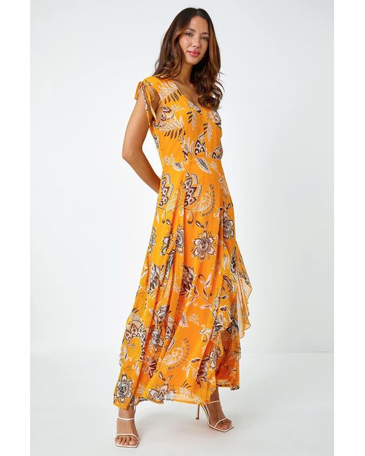 Roman Yellow Sleeveless Floral Frill Maxi Dress
