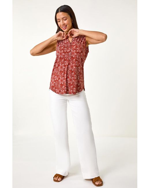 Roman Red Leaf Print Button Vest Top