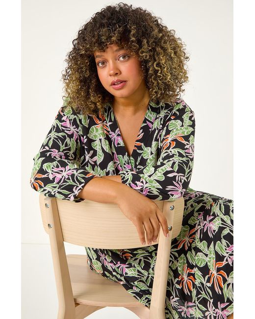 Roman Curve Black Tropical Leaf Print Wrap Dress