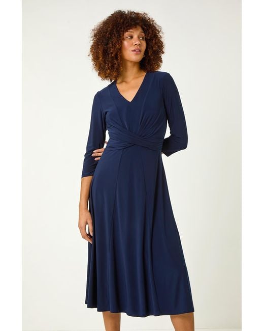 Roman Blue Stretch Crossover Midi Dress