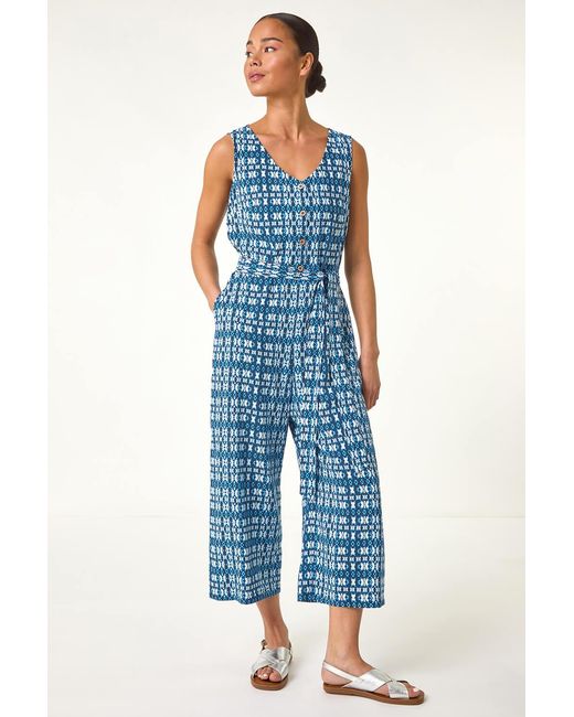 Roman Petite Blue Buttoned Cropped Jumpsuit