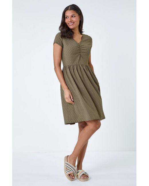 Roman Green Textured Ruched Stretch Jersey Dress
