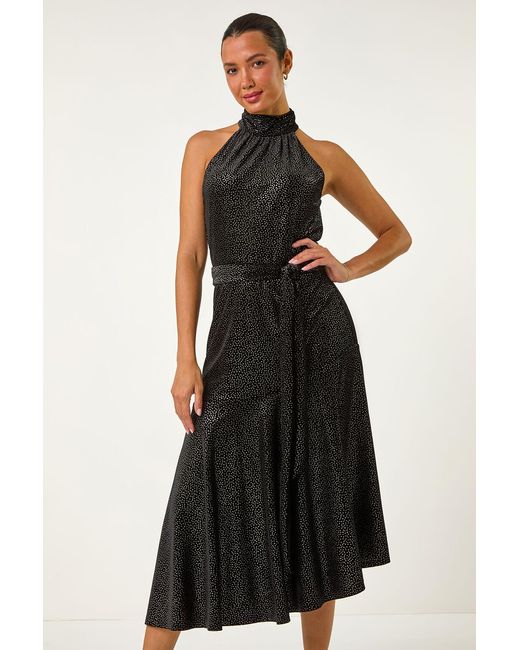 Roman Black Velvet Halter Neck Ruffle Hem Midi Dress