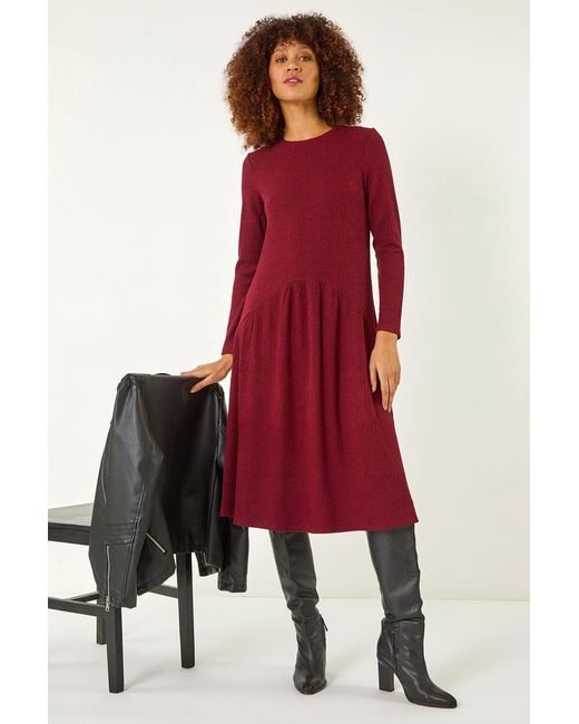 Roman Red Ribbed Drop Waist Stretch Midi Dress