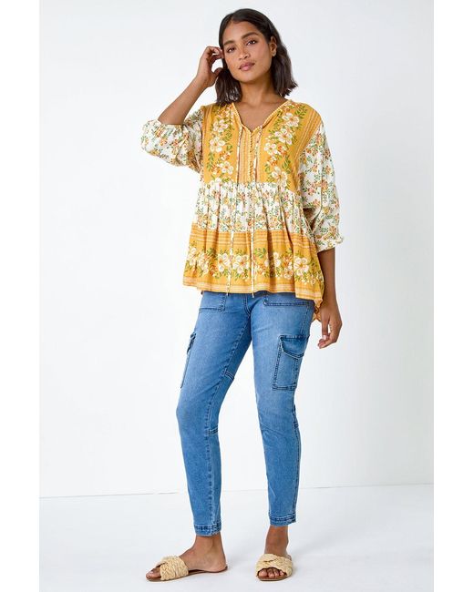 Roman Yellow Floral Border Print V-Neck Overshirt