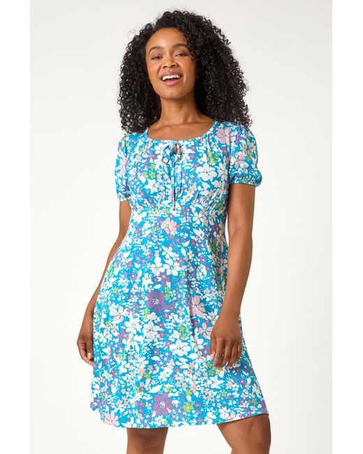 Roman Petite Blue Floral Print Stretch Dress