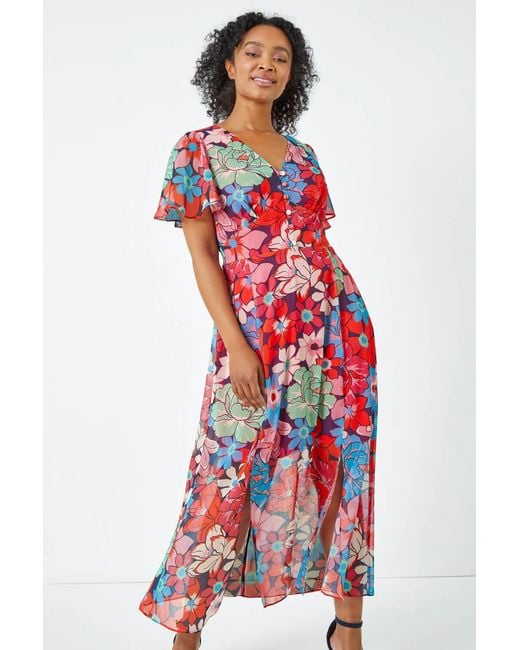 Roman Petite Red Floral Button Front Chiffon Midi Dress