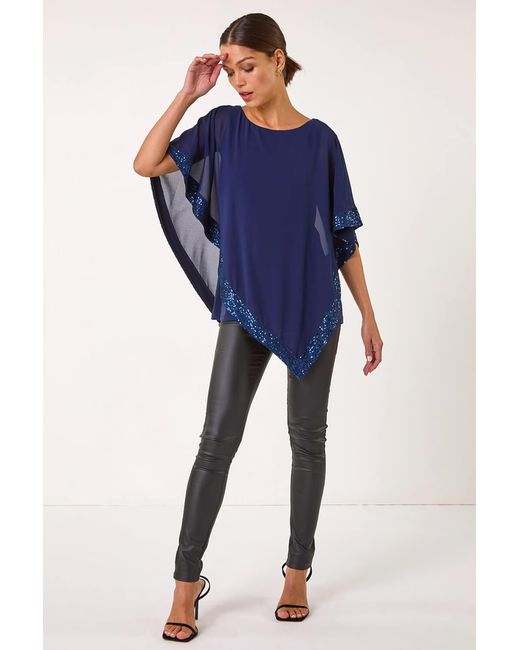Roman Blue Sequin Hem Overlay Stretch Top