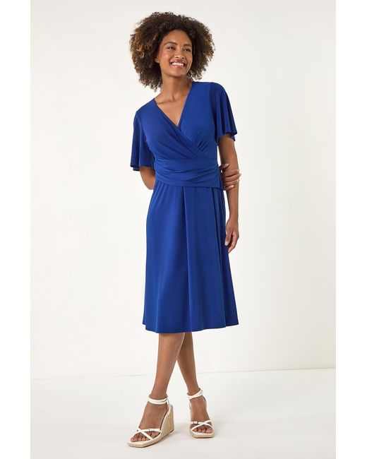 Roman Blue Wrap Over Stretch Dress
