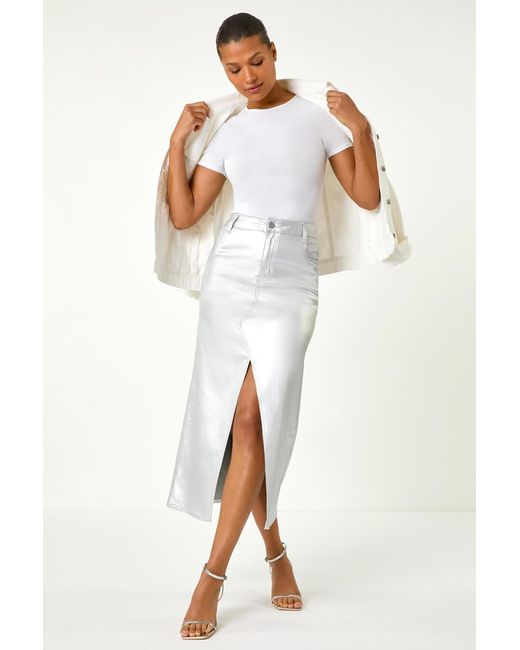 Roman White Metallic Shimmer Stretch Midi Skirt