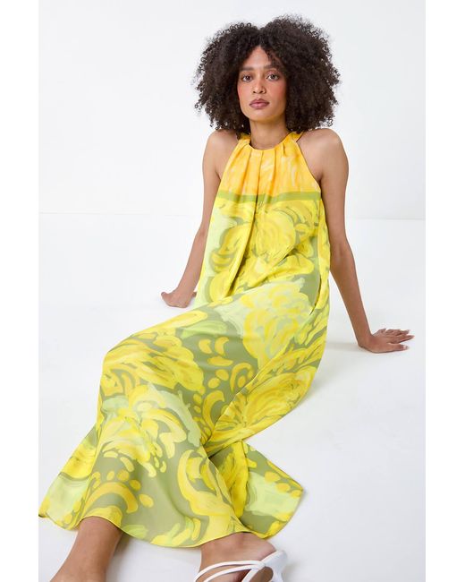 Roman Yellow Abstract Print Pocket Trapeze Dress