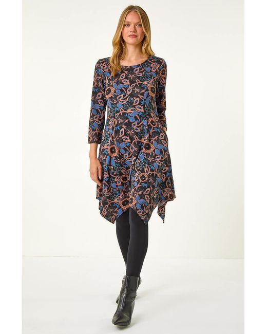 Roman Blue Floral Print Hanky Hem Stretch Dress