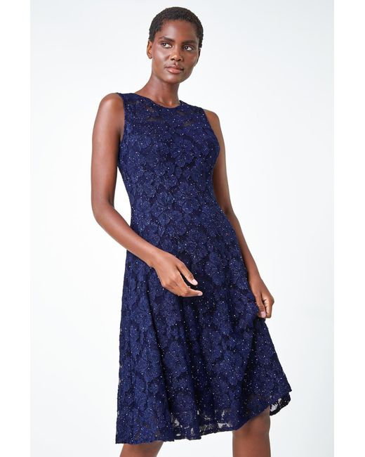 Roman Blue Sleeveless Glitter Lace Stretch Dress
