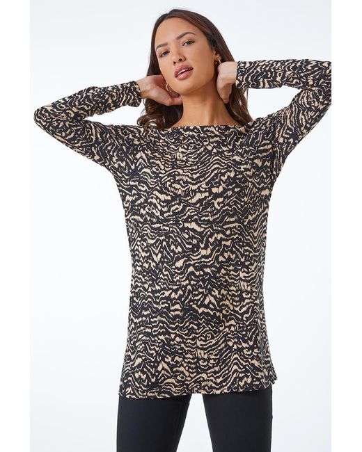 Roman Black Abstract Print Stretch Tunic Top