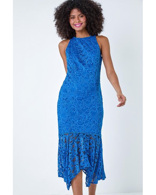 D.u.s.k Blue Sleeveless Stretch Lace Midi Dress