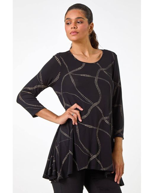 Roman Black Abstract Print Hanky Hem Stretch Top