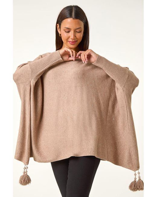Roman Natural Sparkle Embellished Tassel Poncho
