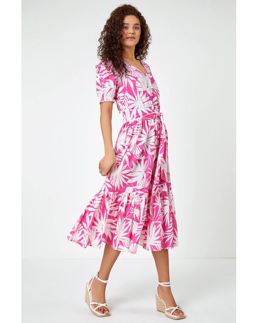 Roman Pink Cotton Floral Print Tiered Midi Dress