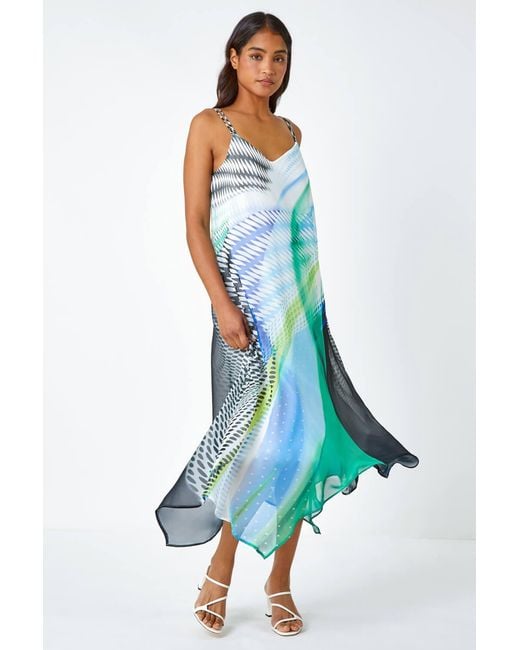 Roman Blue Abstract Chiffon Hanky Hem Midi Dress