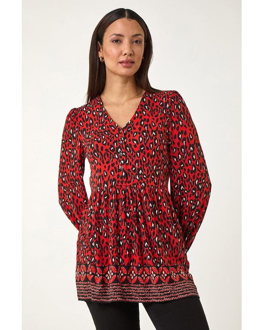 Roman Red Abstract Printed V-Neck Tunic Top