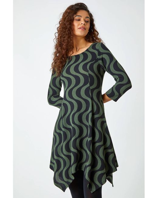 Roman Green Wave Stretch Hanky Hem Pocket Dress