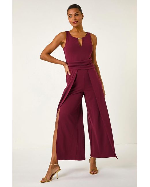 Roman Red Ruched Front Full Length Jumpsuit