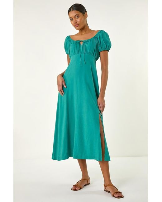 Roman Green Puff Sleeve Linen Mix Midi Dress