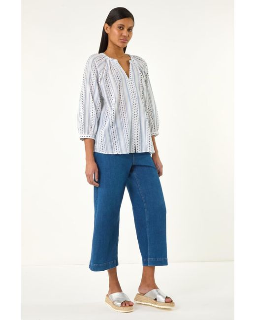 Roman White Dobby Stripe Print V-Neck Blouse