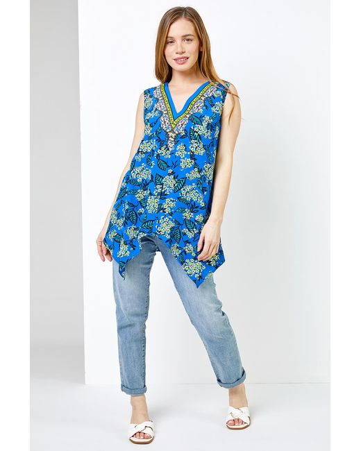 Roman Petite Blue Floral Print Hanky Hem Top