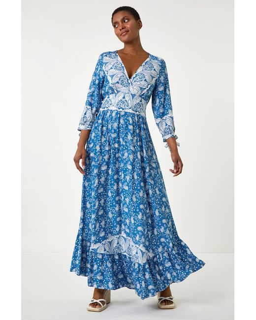 Roman Blue Paisley Print Frill Hem Maxi Dress