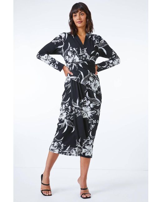 Roman Black Fitted Floral Jersey Ruched Wrap Dress